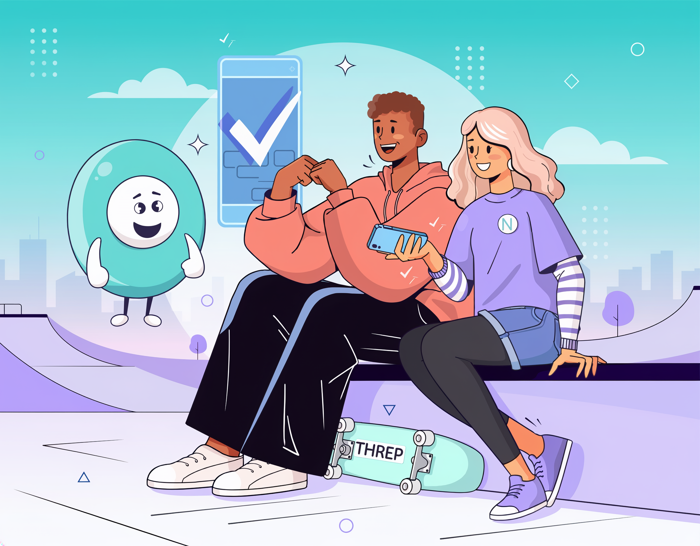 Illustration of two people checking verified rental badges on a phone, with the Threp mascot, at a skate park